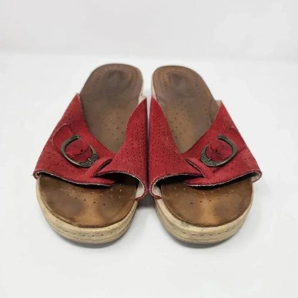 Fly Flot Red Leather Wedge Sandals Size 41  Anatomic Anti Shock Slip On Slides - Picture 4 of 10
